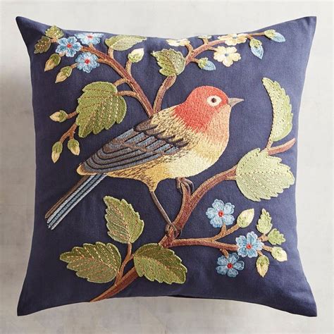 Embroidered Bird On A Branch Navy Pillow Pillows Bird Pillow Navy