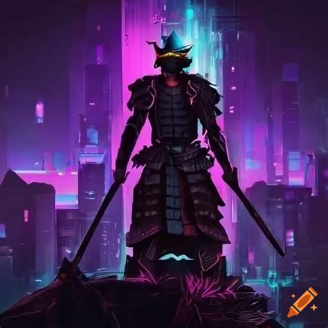 Cyber Samurai Warrior With Neon Sword In Futuristic City On Craiyon