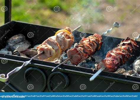 Pork Kebab On Skewers Grilled On Coals Raw Meat Six Skewers With