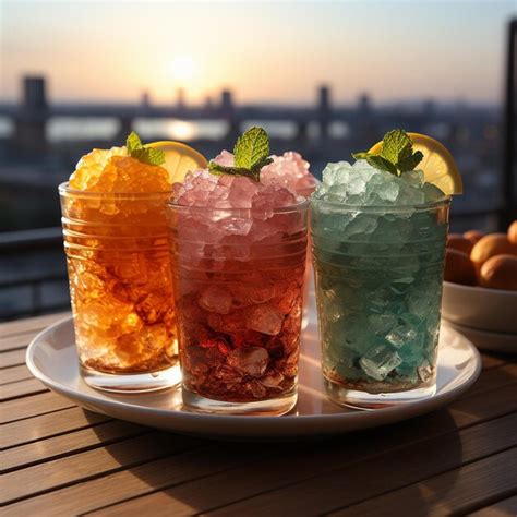 Premium AI Image | Three different drinks with ice cubes and a drink on a plate.