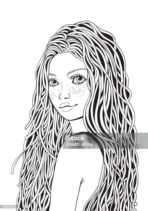 Cute Girl Coloring Book Page For Adult Black And White Doodle Style