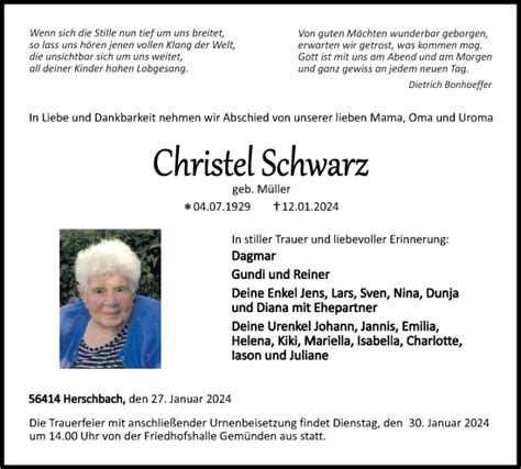 Traueranzeigen Von Christel Schwarz Rz Trauer De