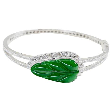 Certified Icy Apple Green Jade And Rose Cut Diamond Bangle Bracelet