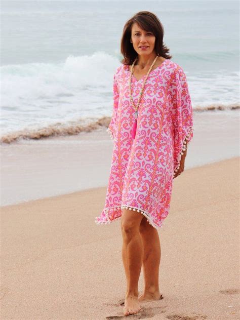 Pink Beach Kaftan Short Ikat Print Caftan Dress With Pom Etsy Boho