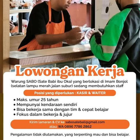 Lowongan Kerja Sebagai Kasir Dan Waiter Untuk Warung Sabo Penempatan Di