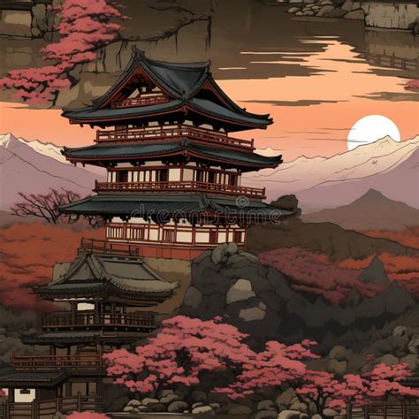 Uma Paisagem Japonesa Um Pagode Ao Fundo Ilustração Stock