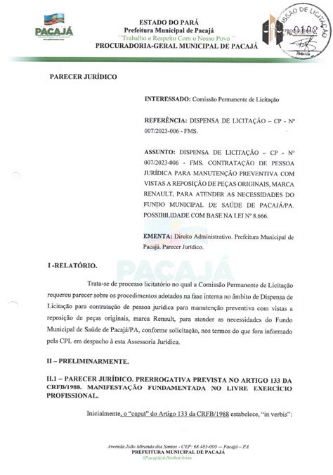 PARECER JURÍDICO 3 Prefeitura Municipal de Pacajá Gestão 2021 2024