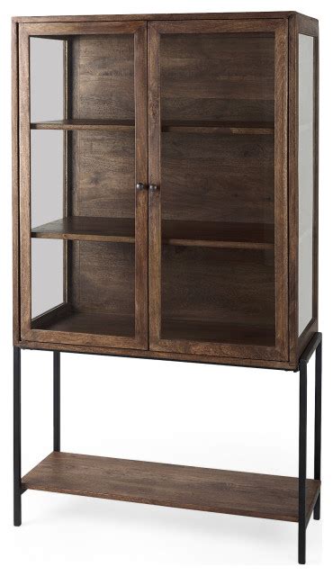 Arelius Medium Brown Solid Wood W Black Metal Base Display Cabinet