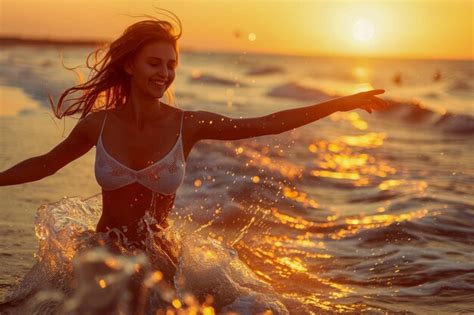 Premium Photo Joyful Young Woman In White Swimwear Enjoying Sunset At