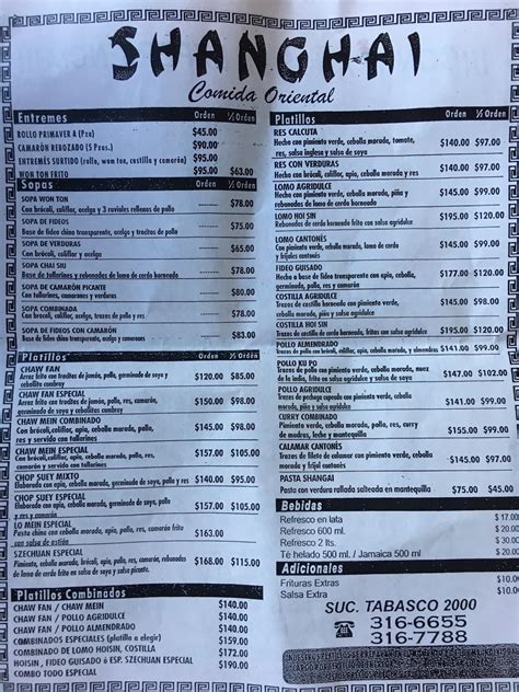 Carta Del Restaurante Shanghai Villahermosa Av Paseo Usumacinta