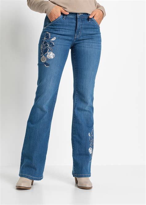 Bei Jeans A Zampa Con Ricami Floreali Graziosi Blu Denim Regular