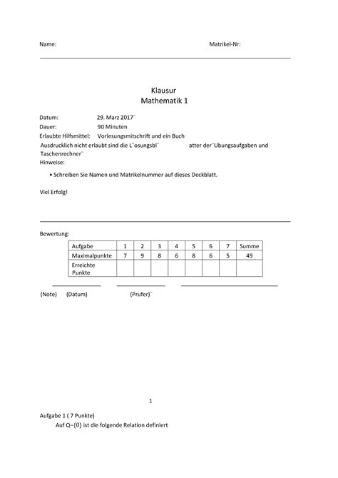 Mathe 1 Klausur 2016 1 Name Matrikel Nr Klausur Mathematik 1 Datum