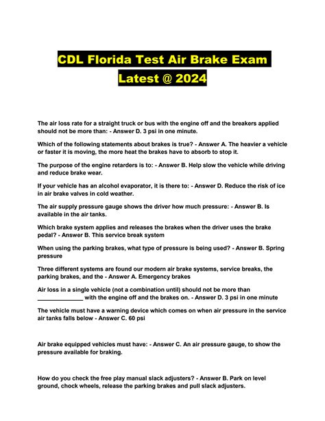 SOLUTION: Cdl florida test air brake exam latest 2024 - Studypool