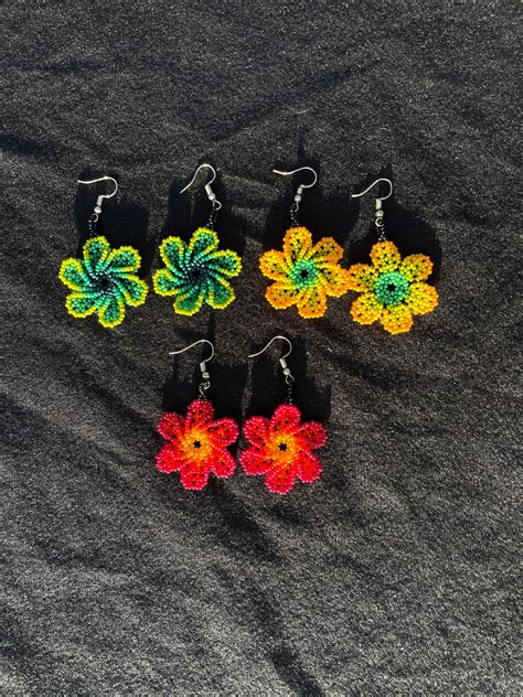 Wixarika Huichol Beaded Flower Earrings Genuine Huichol Made Native