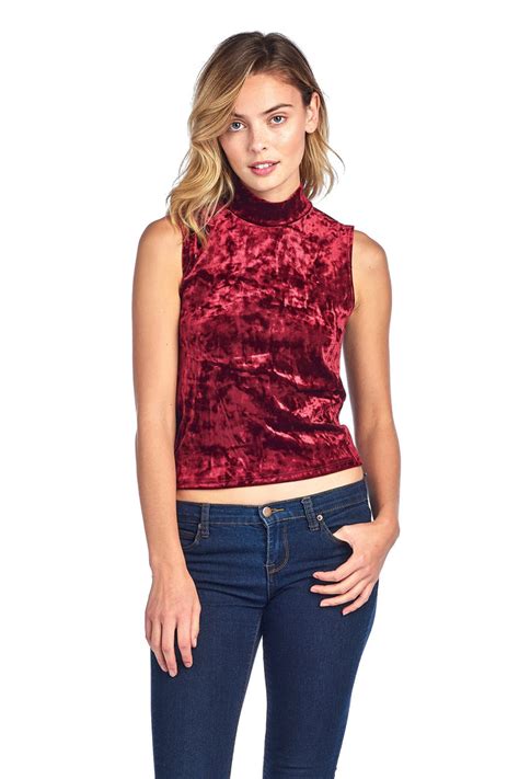 Sleeveless Mock Neck Crushed Velvet Crop Top Khanomak