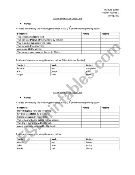 Active Passive Voice Esl Worksheet By Misspaulipop