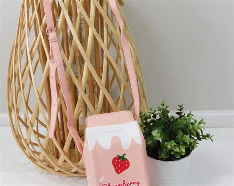 Vintage 00s Light Pink Strawberry Milk Carton Shape Print Faux Leather