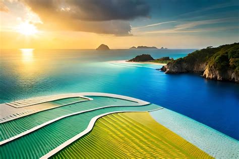 Premium AI Image | A colorful sunset over a beach with a green strip of ...