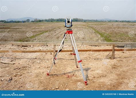 Survey Equipment A Theodolite At A Construction Site Geodetic Total