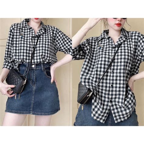 Áo Sơ Mi Nữ Kẻ Ô Hot Thêu Gấu Xinh Xắn Phong Cách Hàn Quốc Freesize