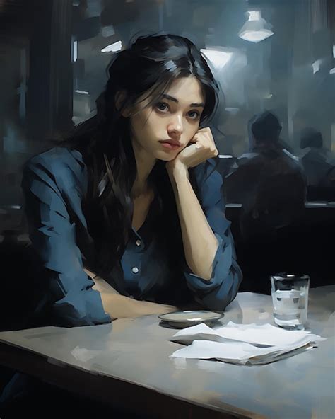 Premium Photo Thoughtful Asian Woman Sitting At Table In Cafe