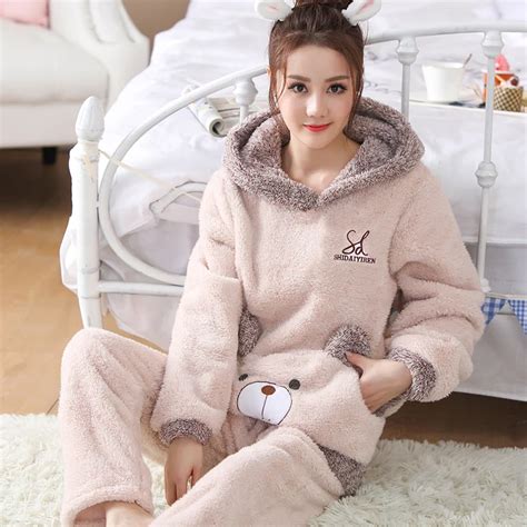 Women Cute Cartoon Flannel Fleece Pajamas Sets Winter Long Sleeve Pyjamas Feminino For Women ...