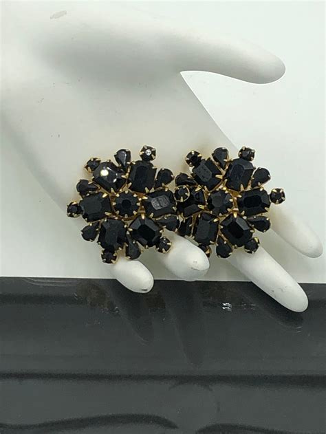 Vintage Signed Weiss Black Rhinestone Clip Earrings Gold Etsy