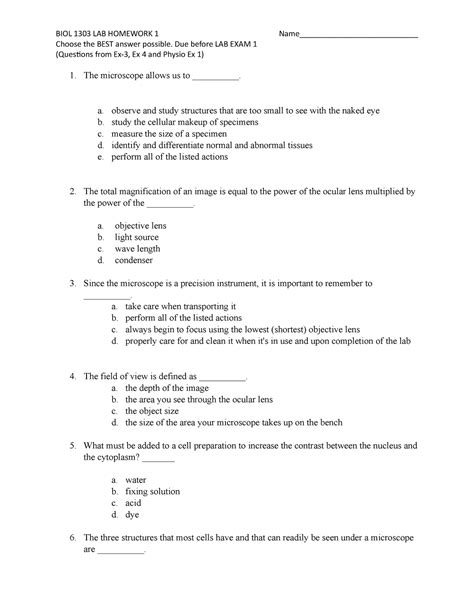 Lab Hw 1 Lab Homework Assignment Biol 1303 Lab Homework 1 Choose The Best Answer Possible