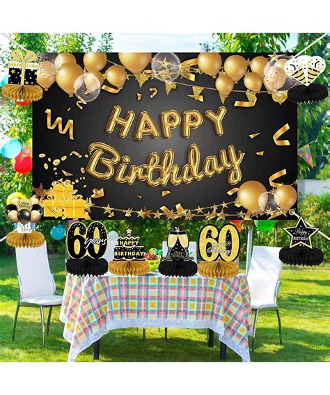 9pcs 60th Birthday Decorations For Women Men Black Gold Happy Honeycomb