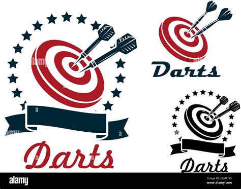 Darts Sporting Symbols Emblems And Icons Set With Darts Dartboard Ribbon And Laurel Wreath