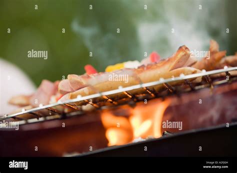 Sausage And Meat On Grill Close Up Stock Photo Alamy