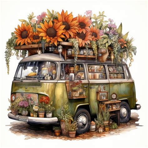 Watercolor Flower Market On Camper Van Clipart Generative Ai Premium