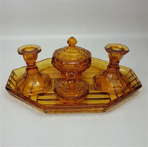 Vintage Amber Glass 1930s Art Deco Dressing Table Set Etsy