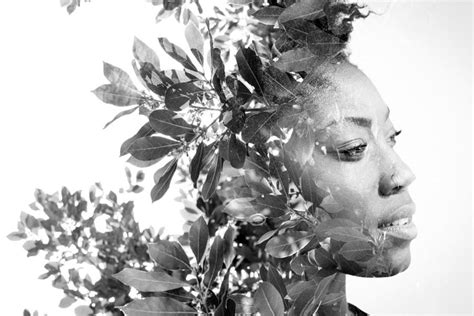 Side-by-side double exposure shot of woman and tree leaves | Double exposure portrait, Double ...