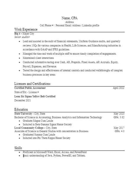 Roast My Resume Big 4 Senior Auditor Raccounting