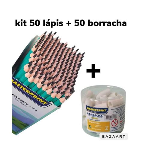 Kit 50 Lápis de Escrever Nº2 Preto 50 Borracha Escolar Ponteira