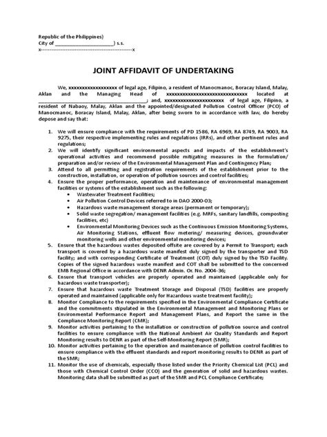 Joint Affidavit Of Undertaking Pco Mh Denr Hazardous Waste Air