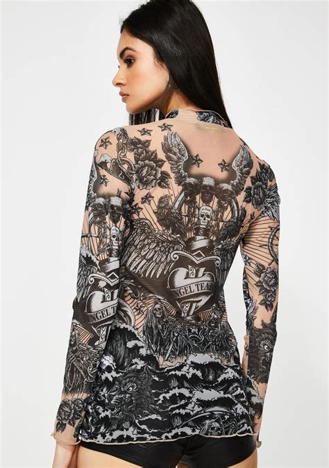 Jaded London Tattoo Print Mesh Top Dolls Kill Basic Long Sleeve Mesh Long Sleeve Long Sleeve