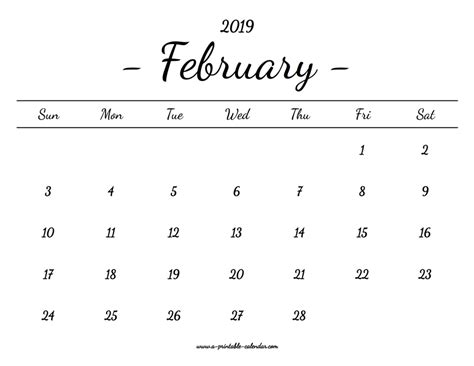 February Calendar 2019 Printable A Printable Calendar