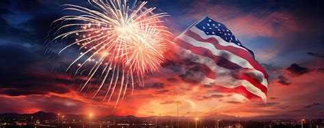 Premium Photo Usa Flag And Fireworks At Sunset Light American