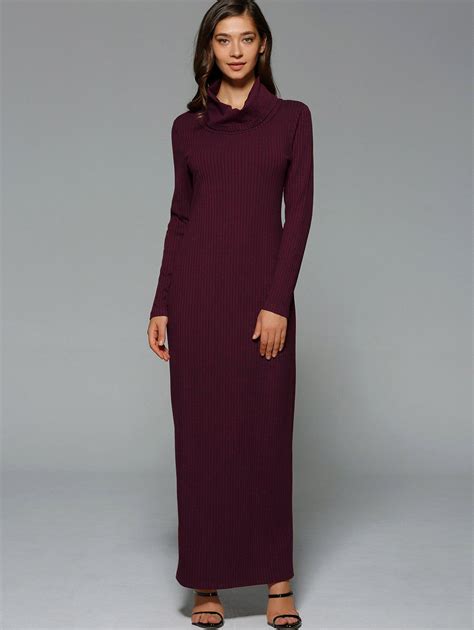 [35 Off] Maxi Slit Ribbed Long Sleeve Winter Dress Rosegal