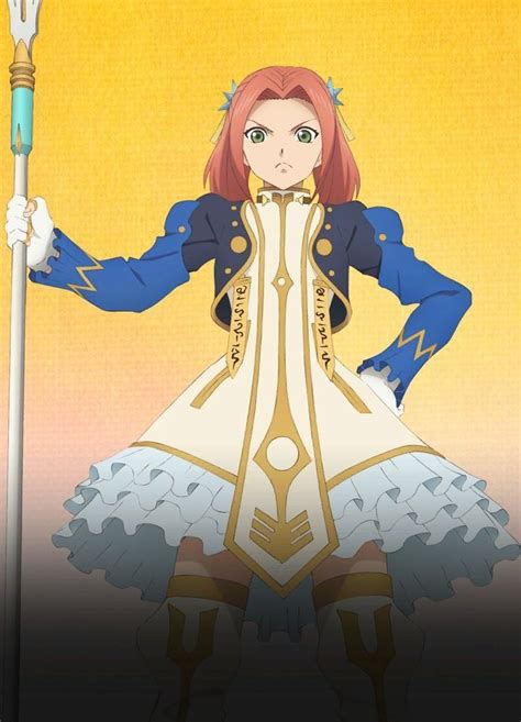 An Anime Character With Red Hair And Blue Clothes Holding A Spear In