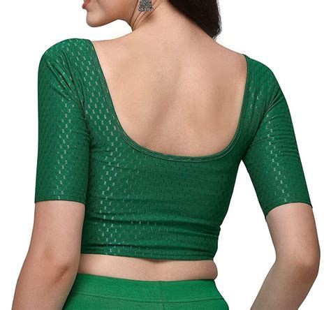 Women Blouse Crop Tunic Cotton Lycra Blouse Saree Green Elbow Sleeve