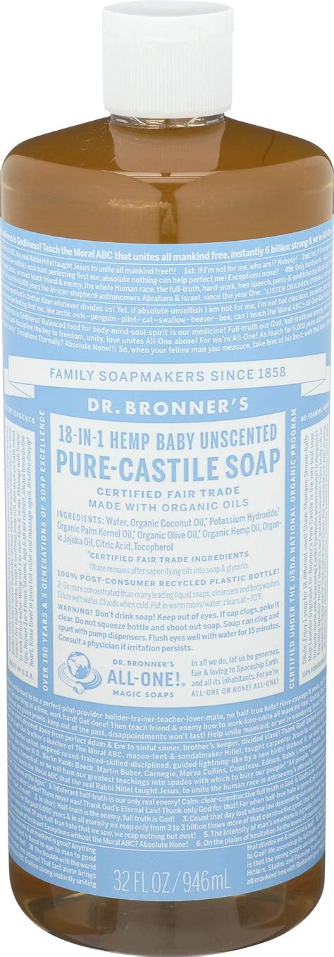 Dr Bronner S Baby Mild Unscented Pure Castile Soap Liquid Formula 32