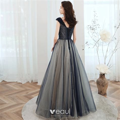 Elegant Navy Blue Prom Dresses 2020 A Line Princess V Neck Beading