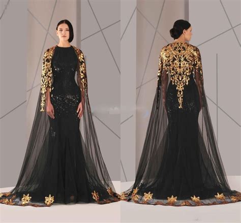 Arabic Black Evening Dresses With Sparkly Gold Applique Tulle Cape