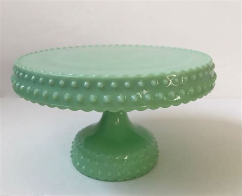 New 85 Jadeitegreen Milk Hobnail Pressed Glass Pedestal Cake Stand Collectible Never Used