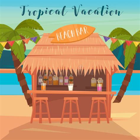 Tropical Vacation Banner With Beach Bar And Palm Trees Stock Vector