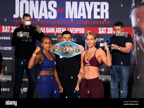 Natasha Jonas and Mikaela Mayer (right) during a weigh-in at the ...