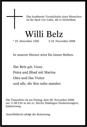 Traueranzeigen Von Willi Belz Trauer In Nrw De